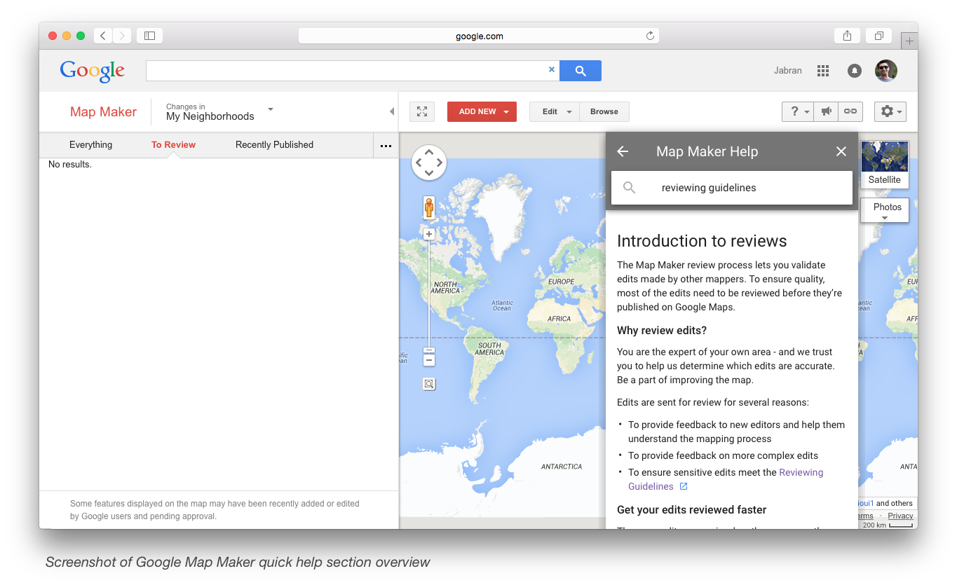 Screenshot of Google Map Maker quick help section overview